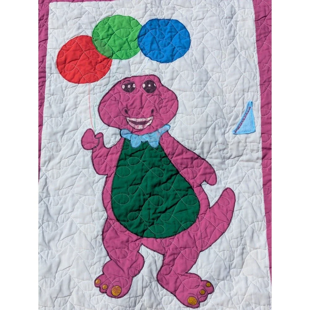 Vintage Handmade Barney the Dinosaur Baby Quilt Blanket Colorful Balloons 43
